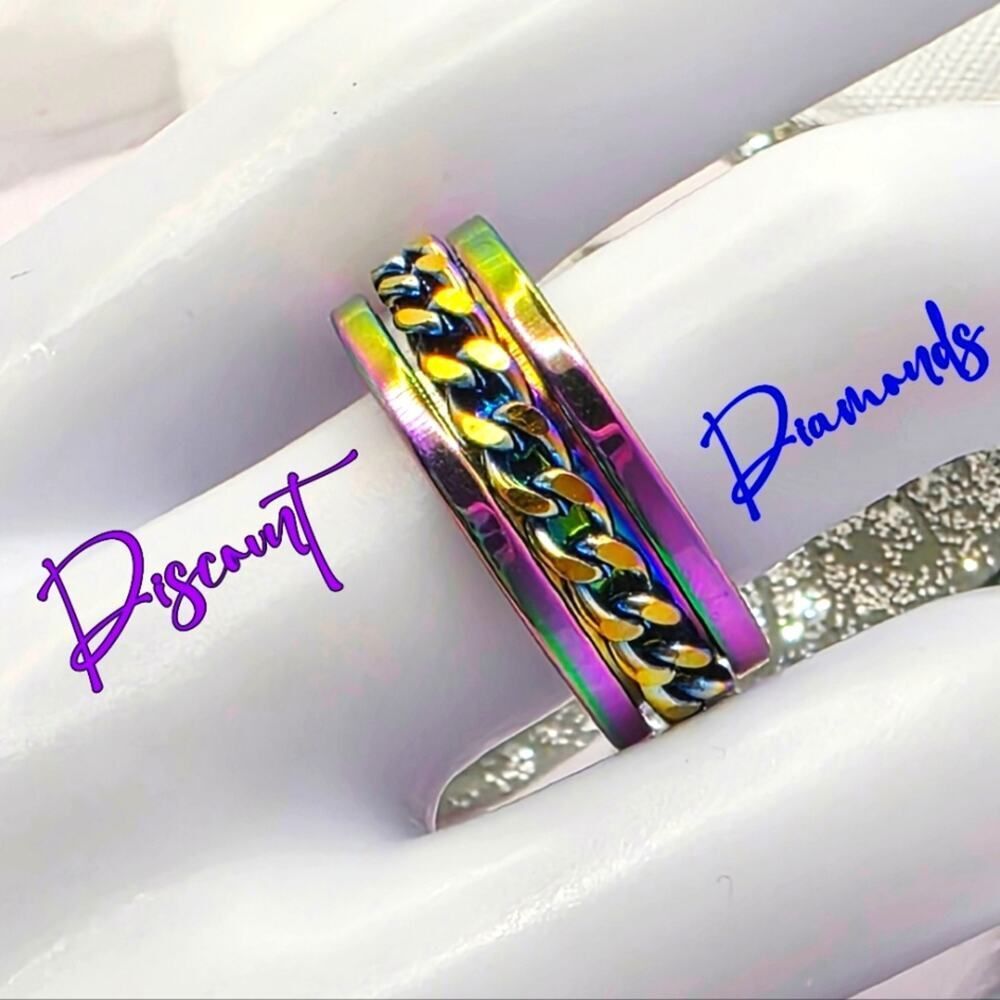 Men / Women / Unisex SPINNER Titanium Polished Rainbow Silver Ring Rainbow Chain